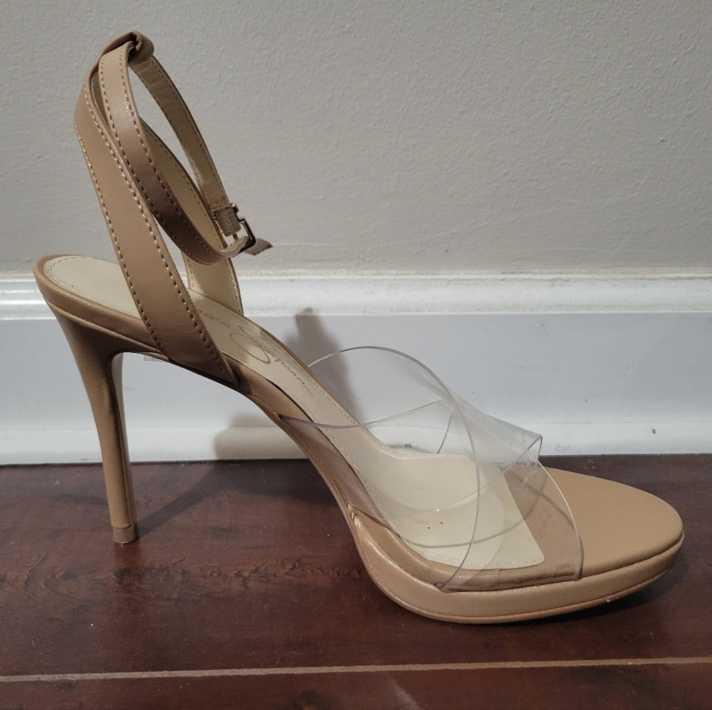 Jessica Simpson cream heels with clear straps on top. Size 7.5